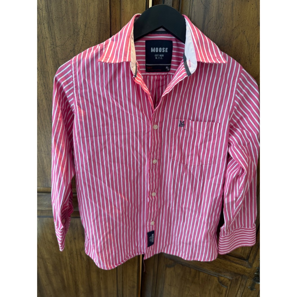 Moose NYC Pink White Striped Button Down Shirt Long Sleeve Womens Medium